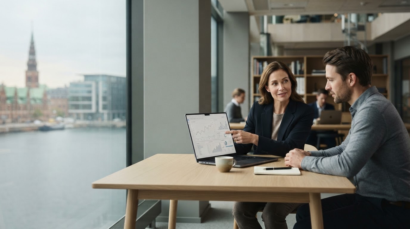 Aktiegreve AI visualisering af forbundne datapunkter i et mørkt, professionelt design